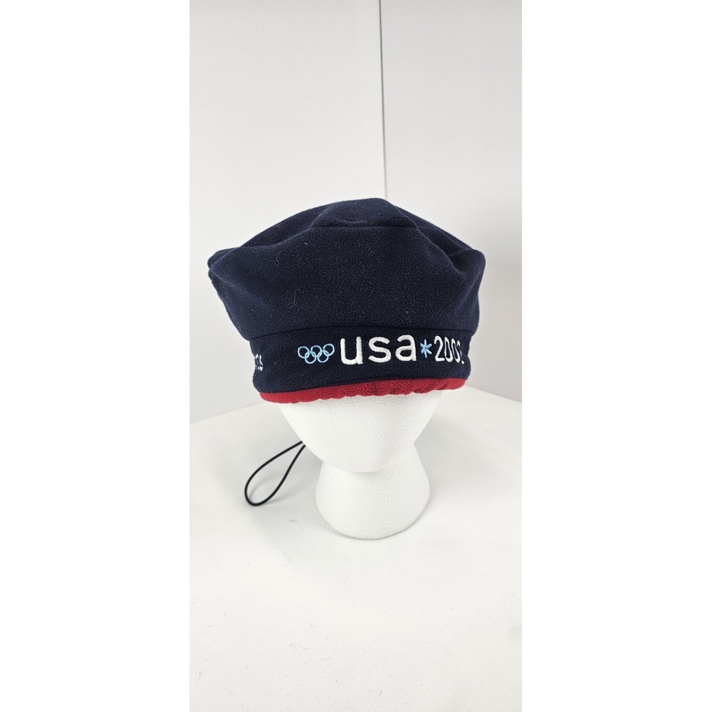 Vtg 2002 Roots Team USA Olympic hat beret Navy With Red Trim Fleece One‎ Size